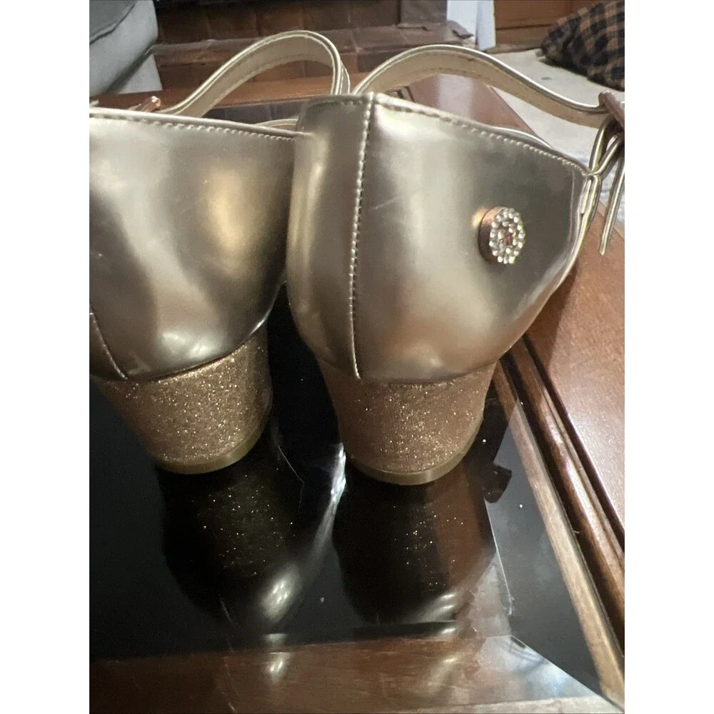 Nine West Mary Jane Heels Kids Size 13 Champagne Gold Glitter Buckle Dress Shoes